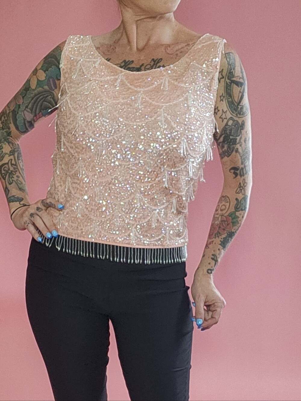 60s Beaded Sleeveless Pink Top